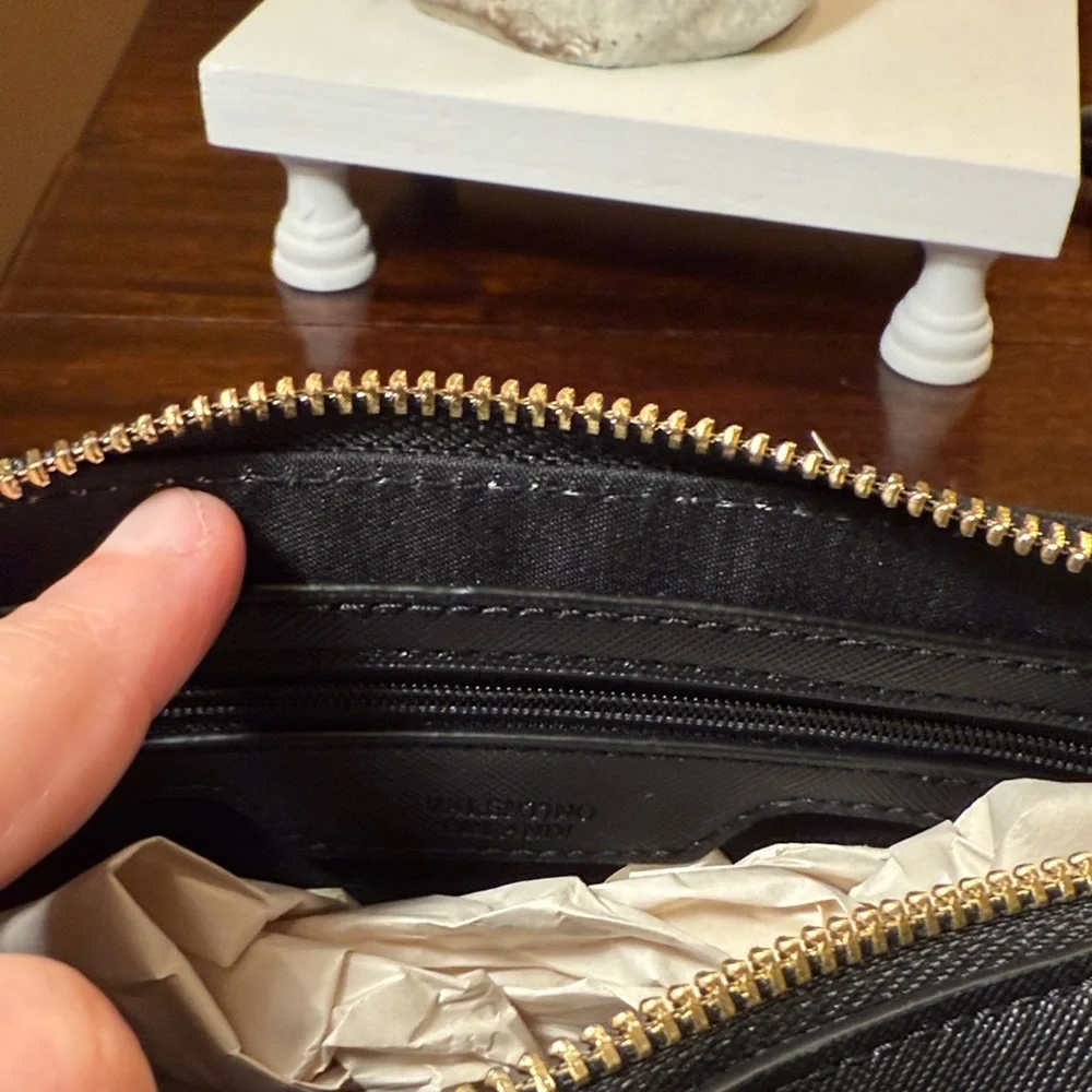 NWT Valentino Orlandi Black Gold Studded Textured Crossbody Camera Bag Purse